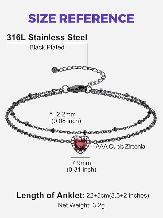 Richsteel Double Layer Heart/Butterfly Birthstone Anklet for Women Non Tarnish Waterproof, Silver/Gold/Black Stainless Steel 8.5-10.5 Inch Adjustable Chain Anklets Jewelry Gifts for Her