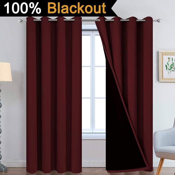 Yakamok Burgundy Red Blackout Curtains 96 Inches Long for Bedroom 52" Wide | Blackout Curtain Panels for Bedroom, 2 Thick Layers Grommet Top Thermal Insulated Drapes with Black Liner for Living Room