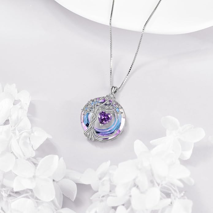 POPLYKE Mothers Day Gifts for Mom Her Wife Tree of Life Necklace 925 Sterling Silver Birthstone Pendant with Crystal Anniversary Birthday Wedding Jewelry for Women
