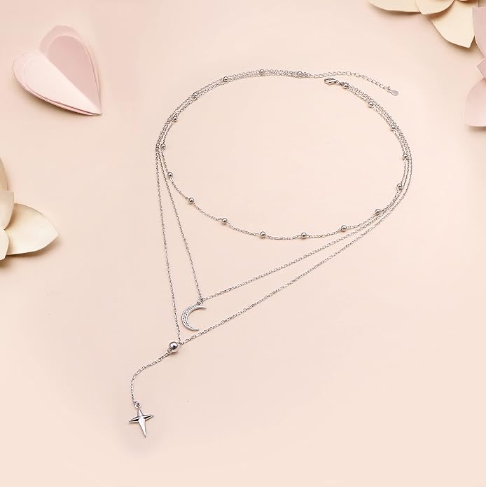 Layered Choker Necklaces for Women S925 Sterling Silver Circle/Heart/Cross/Star Multi Layered Necklace Handmade Bead Chain Adjustable Jewelry for Birthday