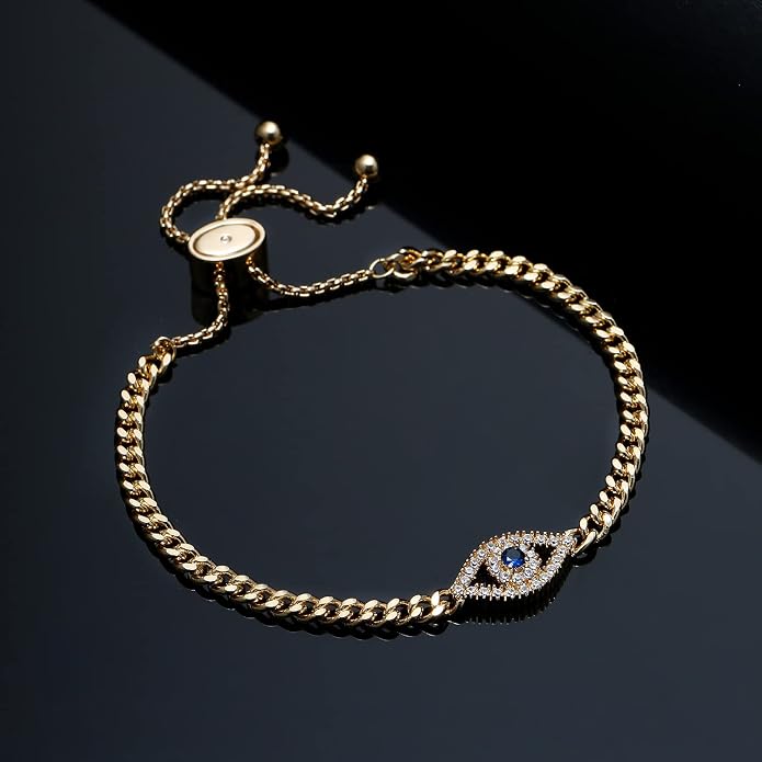 Apsvo Evil Eye Bracelet, Sideway Cross Bracelet, Silver 14K Gold Plated Bracelet for Women Adjustable Slide Chain Jewelry