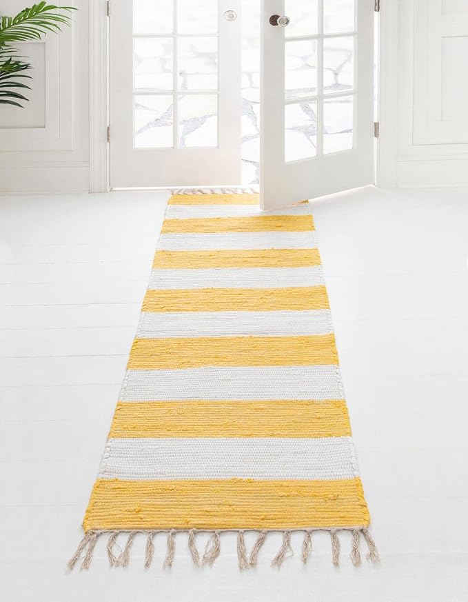 Unique Loom Chindi Rag Collection Area Rug - Striped (2' 2" x 6' 1" Runner, Yellow and Ivory)