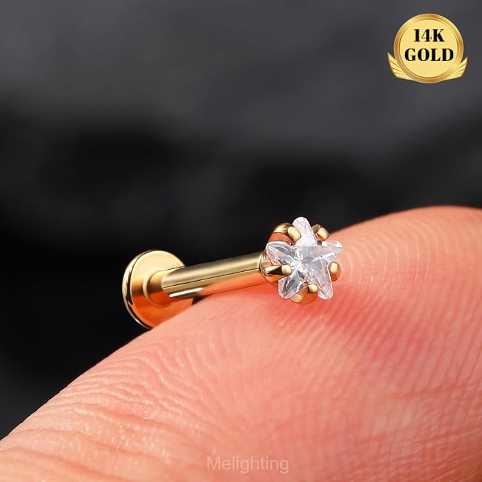 Melighting 14K Solid Gold Cartilage Earring - 16G Gold Heart Flat Back Earring - Star Helix Piercing Jewelry - Internally Threaded Curved CZ - 8mm