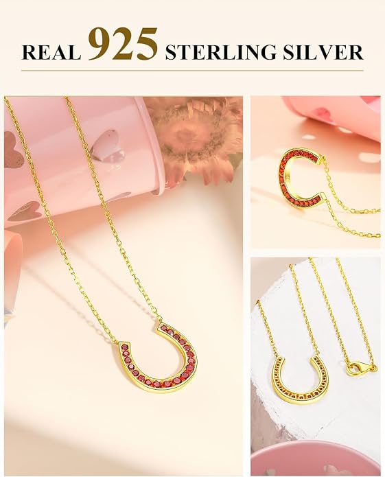 Luck Horseshoe Necklace 14K Gold Plated/Sterling Silver Created Gemstone Pendant with Chain Channel Set U Shaped Charm Necklace Birthstone Jewelry
