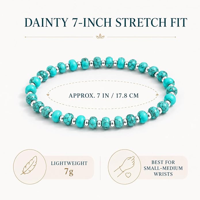 Sheplus 925 Sterling Silver Genuine Turquoise Bead Bracelet,Charm Boho Western Stretch Gift Jewelry for Women Wife Mom