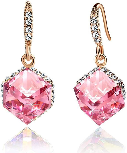 Austrian Crystal Cube Drop Dangle Earrings for Women 14K Gold Plated Hypoallergenic Jewelry