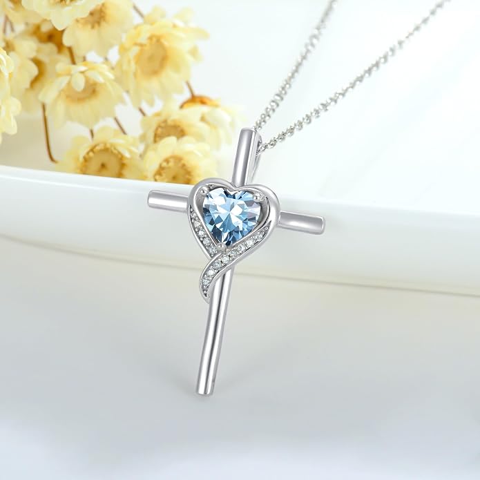 TOUPOP Birthstone Cross Necklace for Women 925 Sterling Silver Heart Cross Pendant Necklace Mothers Day Birthday Jewelry Gifts for Mom Wife Her