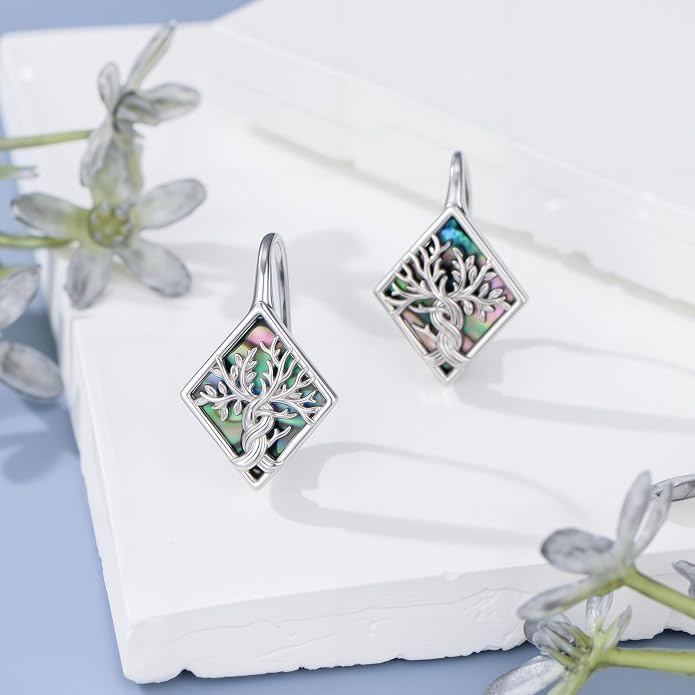 SIMONLY Abalone Shell Tree of Life/Lotus/Clover Earrings for Women 925 Sterling Silver Celtic Knot Leverback Earrings Lotus Jewelry Christmas Mother Day Gift