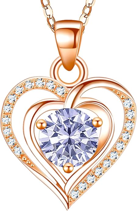 RIVIKO Heart Birthstone Pendant Necklace for Women 925 Sterling Silver Zirconia Necklaces Valentine's Day Anniversary Birthday Mothers Day Jewelry Gifts For Her Mother Wife