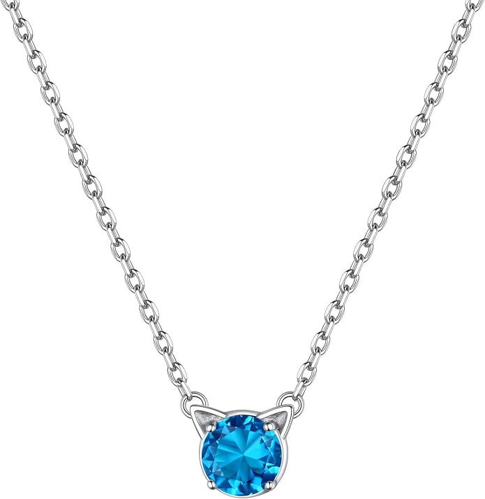 ChicSilver Bow and Cat Birthstone Necklace, 925 Sterling Silver Pendant Necklaces for Women, Hypoallergenic Silver Choker with 16 inch Rolo Chain, 12 Months Jewelry for Valentines Mothers Day Christmas