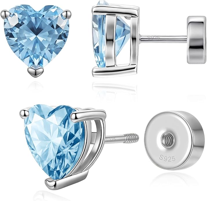 Heart Birthstone Flat Back Stud Earrings, 925 Sterling Silver 18K White Gold Plated, Poke-Free Comfortable Sleep Hypoallergenic Personalized Ear Piercing Jewelry, Mother's Day Birthday Gifts for Women