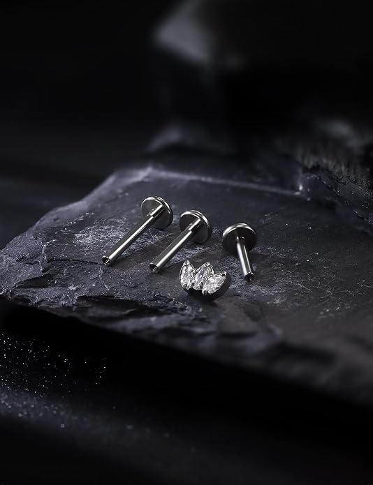 16G Astm F136 Titanium Internal Thread Flat Back Earrings Nose Studs Tragus Forward Helix Conch Cartilage Lobe Earrings Stud Medusa Labret Monroe Lip Ring Piercing Jewelry For Women Men