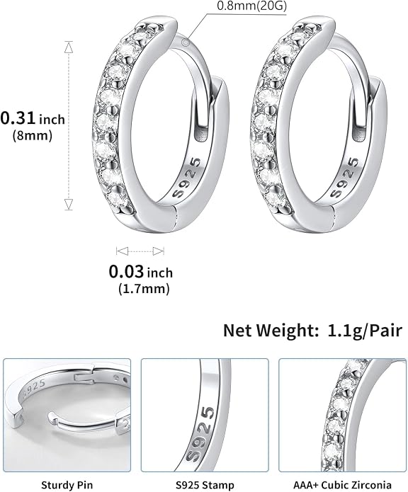 SILVERCUTE 925 Sterling Silver Huggie Hoop Earrings for Women,Hypoallergenic Small Hoop Earrings Lightweight Silver/14K Gold Hoops Cartilage Earrings for Women,8/10/12mm