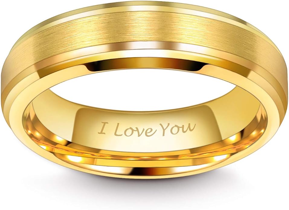 TRUMIUM 6mm 8mm Mens Womens 24K Gold Plated Tungsten Wedding Ring Band Brush Finish Scratch Resistant Size 5-14