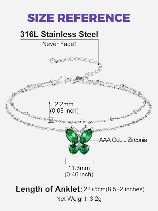 Richsteel Double Layer Heart/Butterfly Birthstone Anklet for Women Non Tarnish Waterproof, Silver/Gold/Black Stainless Steel 8.5-10.5 Inch Adjustable Chain Anklets Jewelry Gifts for Her