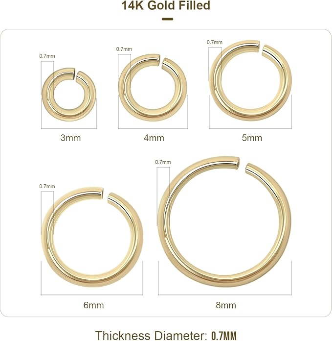 500pcs 14k Gold Filled Jump Rings,Non Tarnish Gold Open Jump Rings for Necklace Bracelet Earrings DIY Jewelry Making Supplies (0.7x6mm, Gold)