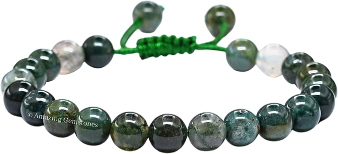 Amazing Gemstone Moss Agate Bracelet for Women Men's Gifts - Protection Healing Crystal Bracelet - 8mm Gemstones Beaded Adjustable Bracelet Pulseras para Hombres Mujer Stocking Stuffers
