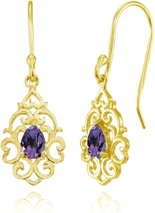 Sterling Silver Genuine or Created Gemstone Filigree Heart Teardrop Dangle Earrings