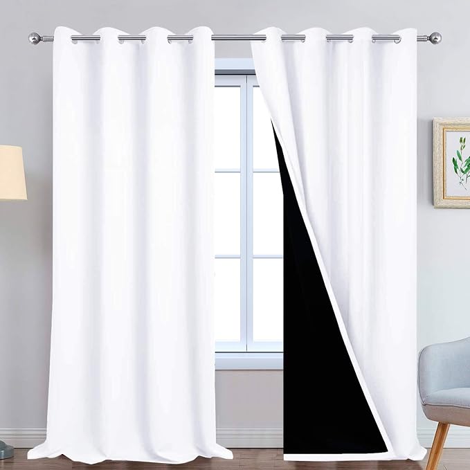 Yakamok Pure White 100% Blackout Curtains 108 Inches Long 52" Wide 2 Panel | Blackout Curtain Panels for Bedroom, 2 Thick Layers Grommet Top Thermal Insulated Drapes with Black Liner for Living Room