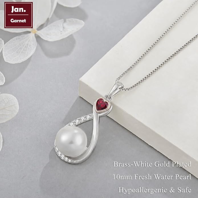 Heart Birthstone Pearl Pendant Necklace, 925 Sterling Silver Infinity Necklace with 10mm Freshwater Cultured Pearl & 4mm Gemstone Jewelry for Women