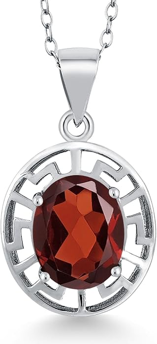 Gem Stone King 925 Sterling Silver 10X8MM Oval Gemstone Birthstone Necklace | Greek Key Pendant Necklace for Women | With 18 Inch Silver Chain