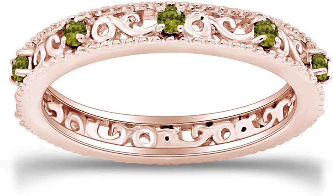 Jewel Zone US Filigree Eternity Wedding Band Ring for Women, Round Cut Simulated Gemstone Stackable Promise Ring in 14K Gold Plated 925 Sterling Silver Band Width 3.5mm – Elegant Jewelry for Her