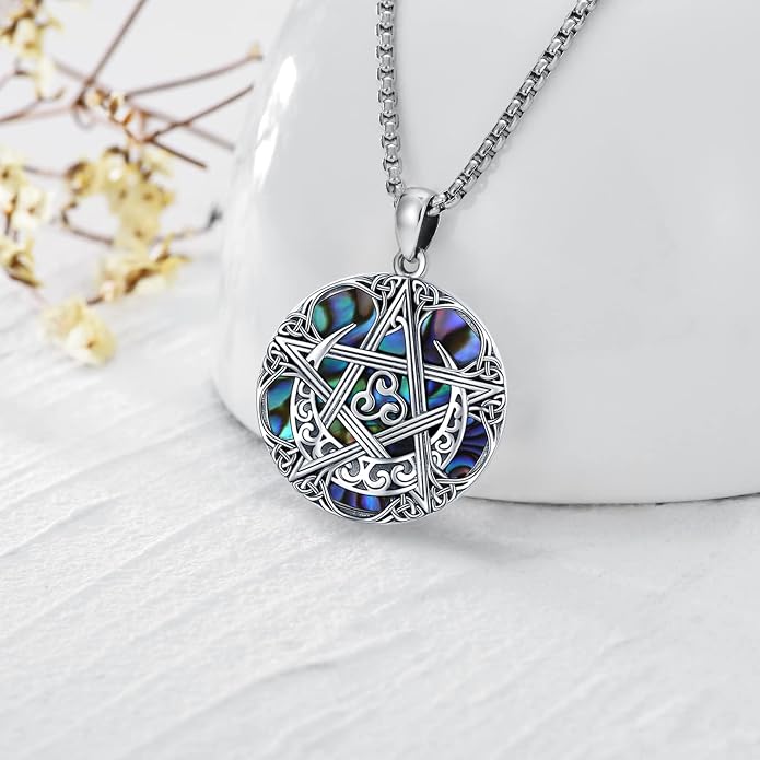 Pentagram Necklace Sterling Silver Triple Moon Goddess/Celtic Knot Witches Knot/Ankh/Sun and Moon/Hecate/Lilith/Santa Muerte/Tetragrammaton Pendant Necklace Pagan Wiccan Magic Egyptian Amulet Jewelry for Women Men