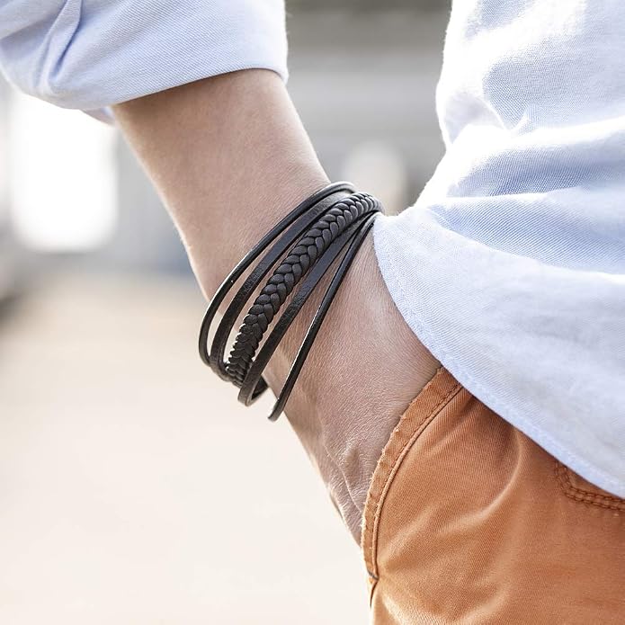 murtoo Mens Leather Bracelet with Clasp Cowhide Multi-Layer Braided Leather Mens Bracelet