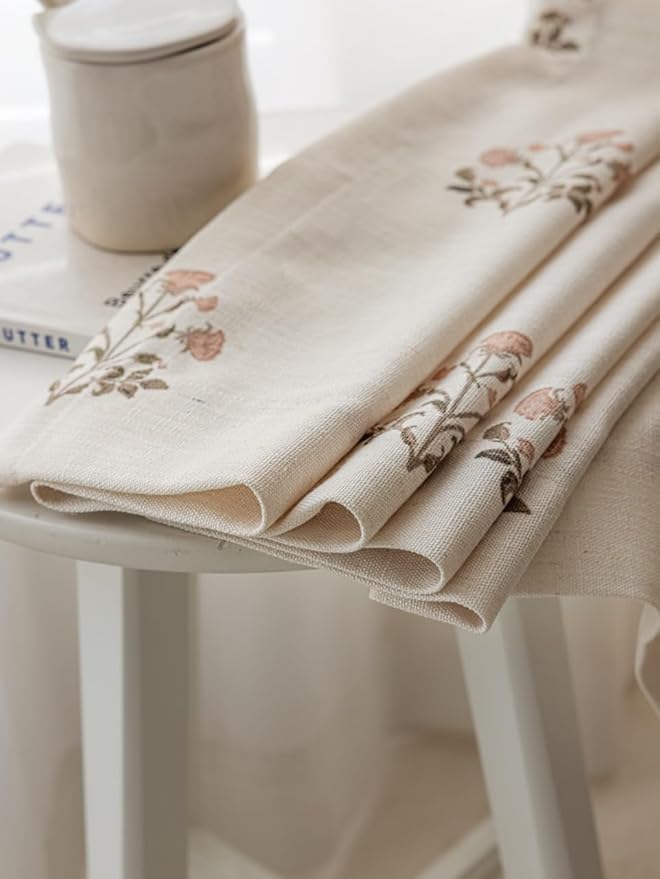 DrapePalette - Linen Blend Pinch Pleated Curtains 96 Inches Long for Living Room, Bedroom, Dining Room, Light Filtering Curtains 1 Panel Set, Modern Floral Printed Design, Beige White, 52" W x 96" L