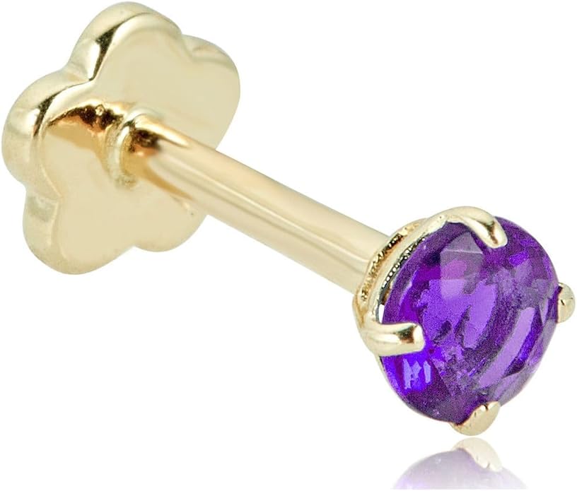 AVORA 14K Yellow/White Gold 3mm Round Simulated Diamond (0.1 carat) Cartilage Piercing Flat Back Earring Body Jewelry (18 Gauge) - Emerald, Ruby, Amethyst, Sapphire, Sim. Diamond