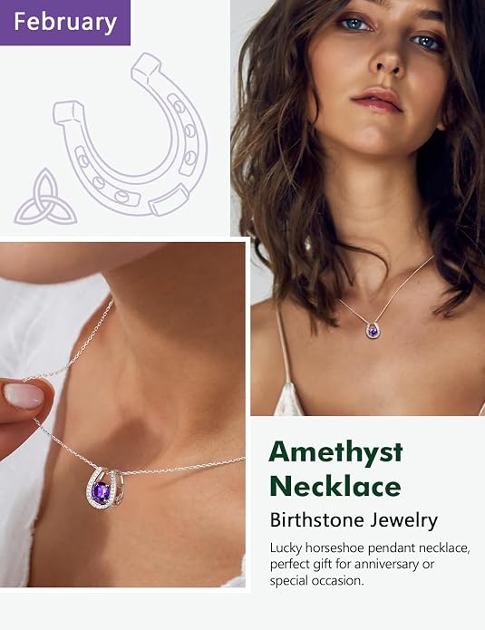 925 Sterling Silver Horseshoe Necklace for Women Round Gemstone Birthstone Necklace Sapphire/Emerald/Ruby/CZ Horse Shoe Pendant Necklaces Jewelry Gift