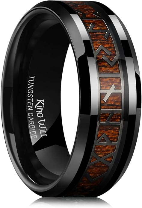 King Will Tungsten Carbide Wedding Band for Men - 8mm Black/Silver/Gold Plated with Norse Viking Rune & Hawaii Koa Wood Inlay Mens Ring, Polished Beveled Edge for Daily Wear, Comfort Fit Size 7-14