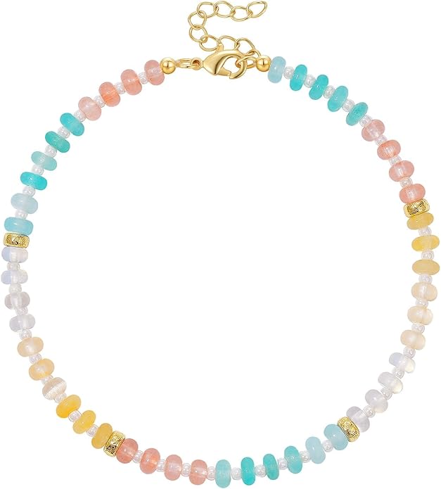 KissYan Beaded Ankle Bracelet for Women, Colorful Natural Gemstone Anklet, Waterproof Handmade Beach Summer Jewelry Gifts