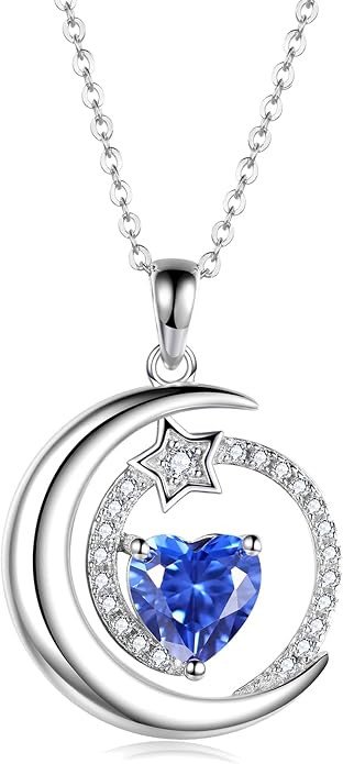 S925 Sterling Silver Birthstone Pendant Necklace Moon Star Necklace Jewelry Gift for Women Anniversary Valentine's day