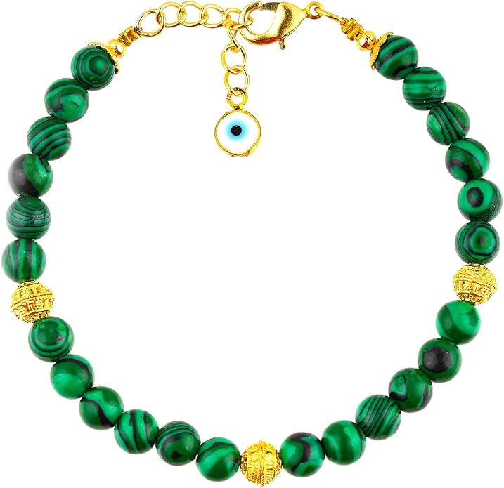 AAA Grade Natural Gemstone Beaded Bracelet, 14K Gold Plated with Evil Charm, Wicca & Reiki Healing Crystals, Handmade Bohemian Jewelry, Christmas Gift for Women (7+1inch)