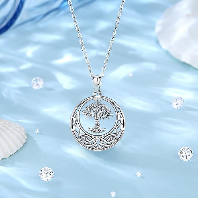 Aniu Tree of Life Necklace for Women, 925 Sterling Silver Mother of Pearl Family Palm Tree Charm Pendant Jewelry for Birthday Christmas Gift
