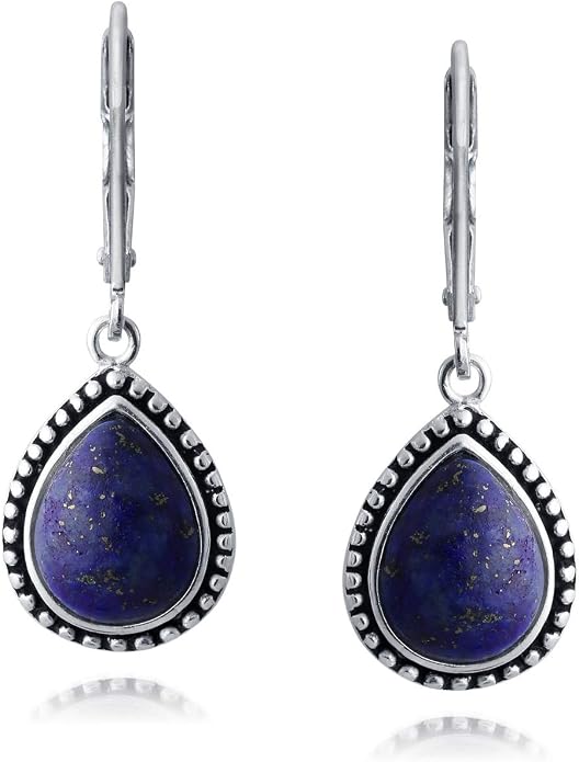 Bling Jewelry Boho Western Style Milgrain Setting Semi Precious Gemstones Lapis Turquoise Jade Onyx Quartz Pear Shaped Teardrop Lever Back Dangle Drop Earrings Teen Oxidized .925 Sterling Silver