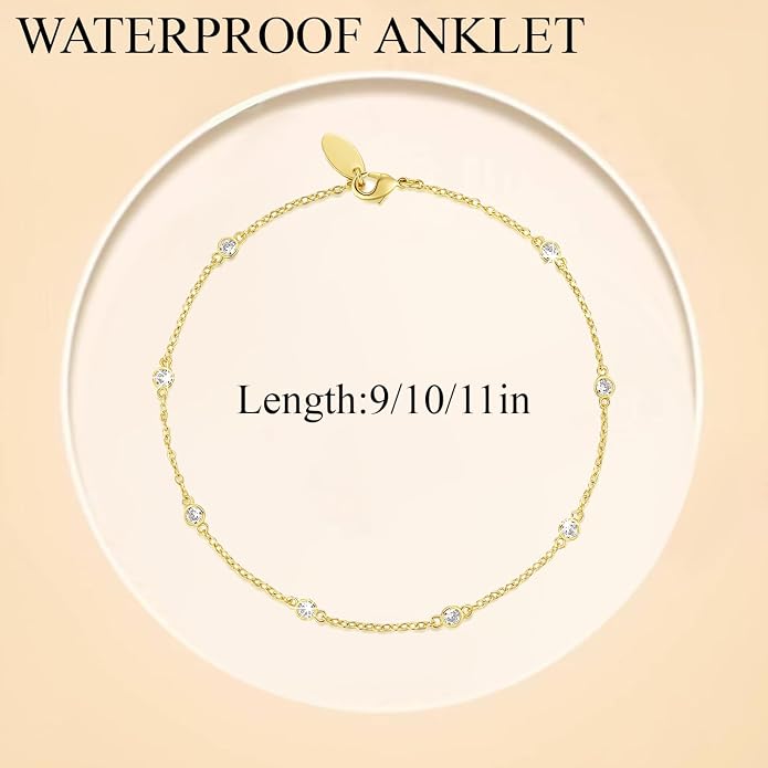14K Gold Anklets for Women Non Tarnish 1/5 Carat Diamond Ankle Bracelet 14K Gold Ankle Bracelets for Women Waterproof Box Station Chain Design Jewelry for Women 9/10/11in