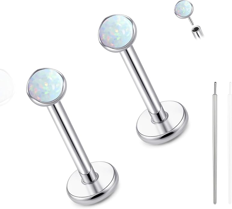 limerencia 18G Hypoallergenic Titanium Opal Threadless Nose Stud Earrings, 2PC Flat Back Push in Stud Earrings Labret Medusa Monroe Helix Cartilage Tragus Conch Piercing Jewelry for Women Men