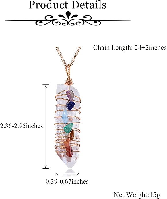 GEHECRST Natural Raw Clear Quartz Point Pendant Necklace Reiki 7 Chakra Healing Crystal Gemstone Chips Rose Gold Copper Wires Wrapped Necklace for Men, Women