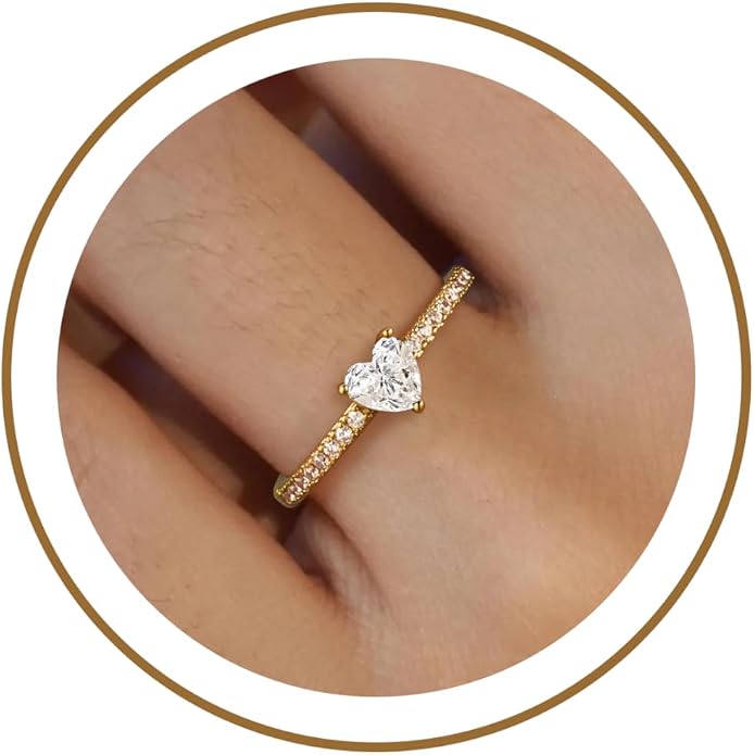 Honsny Heart Birthstone Gold Rings for Women Non Tarnish 14K Gold Plated Stackable CZ Gemstone Emerald Pinky Ring Dainty Engagement Promise Rings for Her Waterproof Jewelry Graduation Gifts Size 6-10