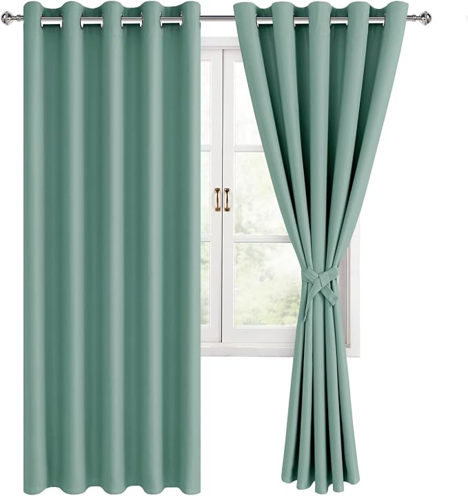 Hiasan Blackout Curtains for Bedroom, 60 x 63 Inches Length - Thermal Insulated & Noise reducing Window Curtains for Living Room, 2 Drape Panels Sewn with Tiebacks, Sage Green