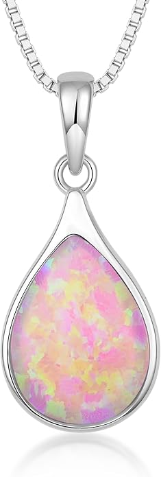 Teardrop Opal Necklace for Women - 925 Sterling Silver October Birthstone Pendant Necklace, Dainty Pear Shape Gemstone Jewelry Gif for Her, Adjustable Box Chain
