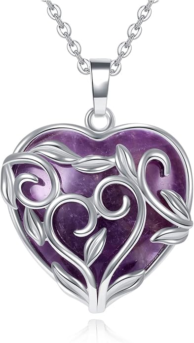Jovivi Amethyst Rose Quartz Healing Crystal Necklace for Women Flower Leaf Wire Wrapped Crystal Heart Gemstone Pendant Necklace Natural Stone Reiki Quartz Jewelry Mothers Day Gifts