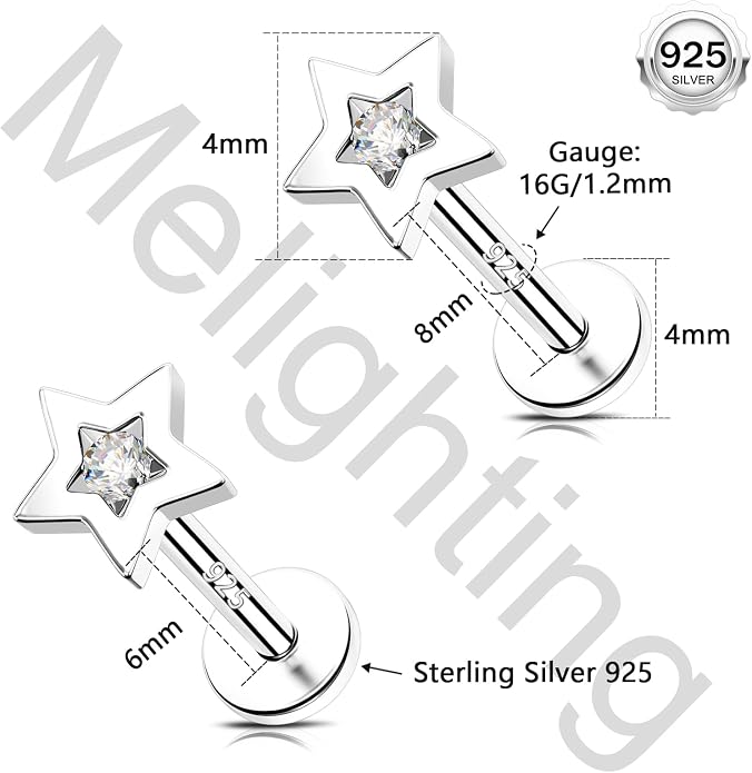 Melighting 16G Sterling Silver 925 Helix Earring Internal Thread 6/8 mm Heart Flat Back Earring Star Lip Stud Labret Cartilage Lip Piercing Jewelry for Women