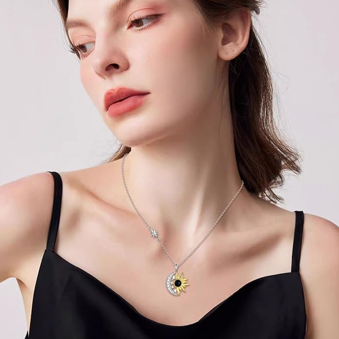 Sun and Moon Necklace for Women 925 Sterling Silver Celtic Crescent Moon Pendant Blue Opal/White Opal/Abelone Shell/Labradorite/Moonstone Jewelry Gift for Teen Girls
