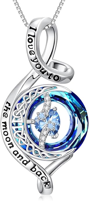 OCJ Birthstone Necklace for Women 925 Sterling Silver Moon and Star Pendant Infinity Celtic Moon Crystal Jewelry Anniversary Birthday Christmas Gift for Her Wife Girlfriend Mom Daughter