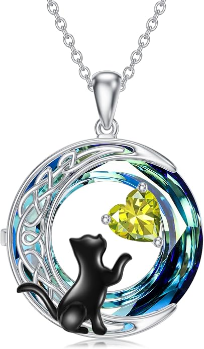TOUPOP Cat Gifts for Cats Lovers 925 Sterling Silver Black Cat Necklace Celtic Moon Birthstone Jewelry for Women Anniversary Birthday Gift for Her Wife Mom