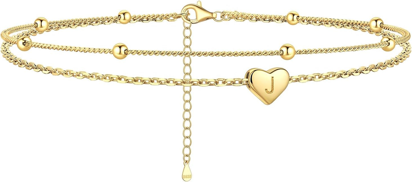 ChicSilver Sterling Silver Anklets for Women 925 Ankle Bracelets for Women Layered Heart Anklet With Beaded Anklets for Women