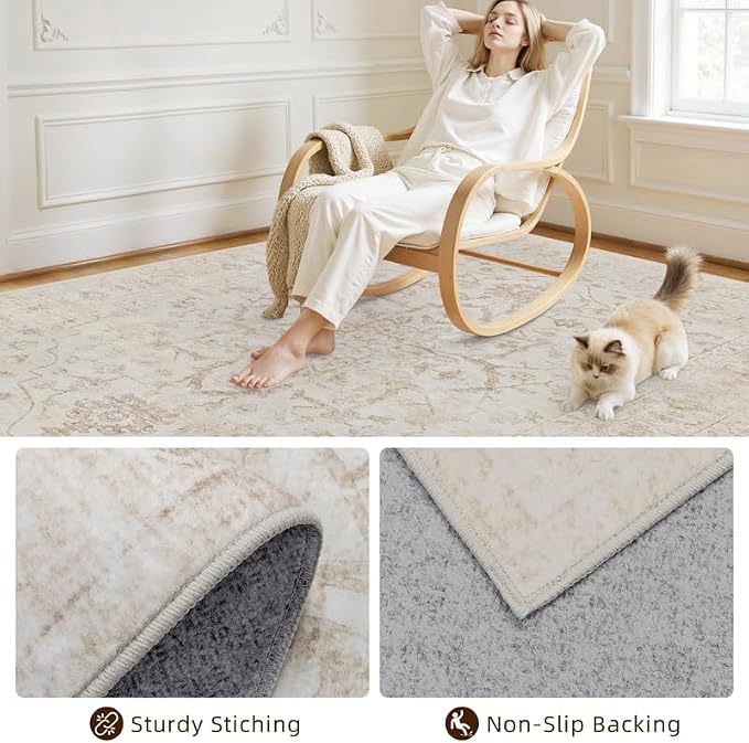 8x10 Area Rugs for Living Room: Vintage Boho Neutral Washable Rug Indoor Soft Large Area Rug Carpet for Bedroom Nursery Farmhouse Dining Room Office Floor Non-Slip Low Pile Under Table Rug Warm Beige